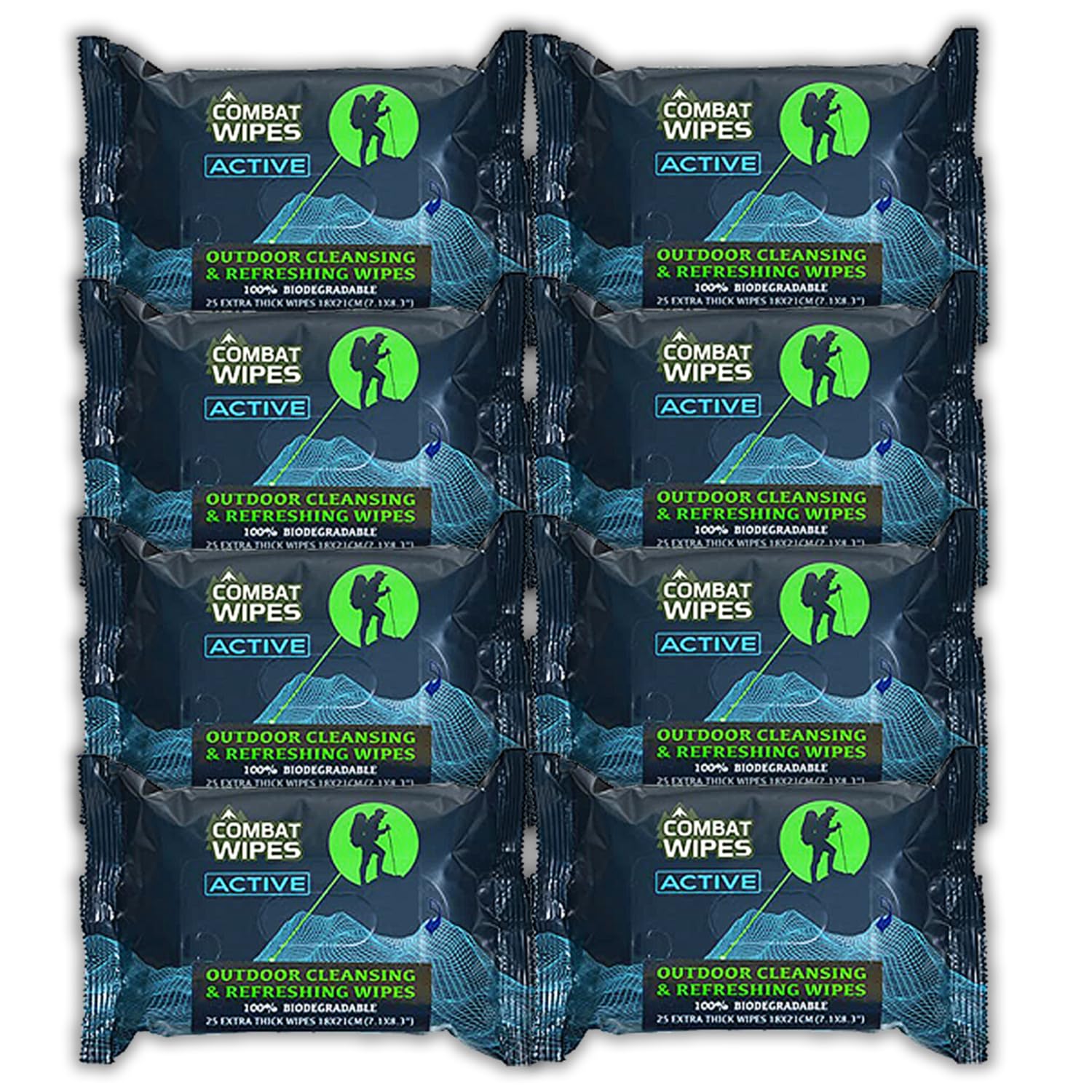 Combat Wipes ACTIVE Outdoor Wet Wipes - Extra Thick Camping Gear, Biodegradable, Body & Hand Cleansing/Refreshing Cloths for Backpacking & Gym w/Natural Aloe & Vitamin E (25 Wipes)